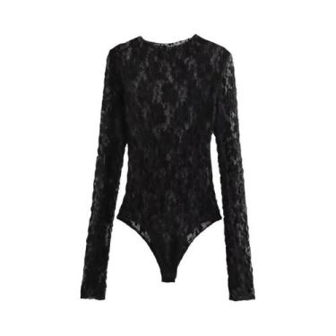 Imagem de Body De Renda Preto Feminino Com Decote Redondo E Manga Longa, Lingeri