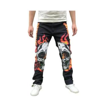 Imagem de Calças Jeans Pretas Com Estampa Para Homens, Estilo Casual De Rua, Cal