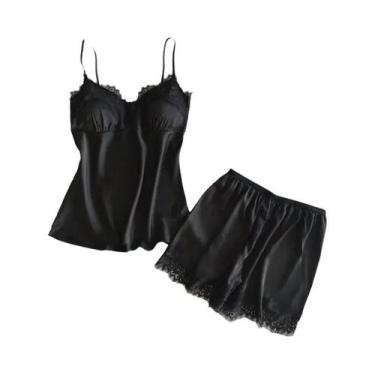 Imagem de Conjunto De Pijamas Sexy Feminino Com Decote Em V De Renda, Top De Sed