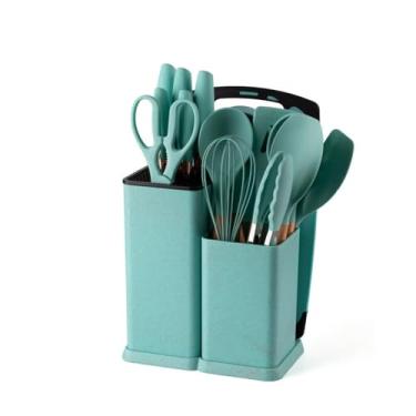 Imagem de Conjunto de Utensílios Cozinha com 19 Peças Suporte Cabo Madeira Silicone Spátula Ergonômica Nível Alimentar Colher Núcleo Aço Inoxidável Ultra Antiad