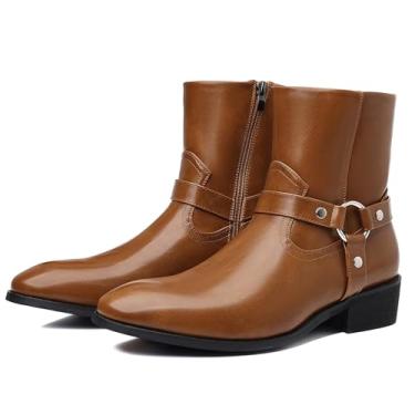 Imagem de Botas de cowboy masculinas casuais retrô elegantes cavaleiro botas masculinas de couro sintético cano médio com design de zíper lateral, Marrom, 8