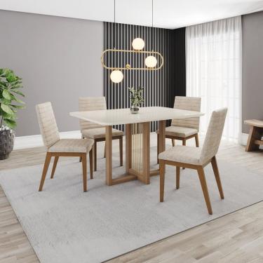 Imagem de Conjunto Mesa Natalí 120cm Canto Arredondado com Vidro 4 Cadeiras Elena Marrom/Off White/ Creme