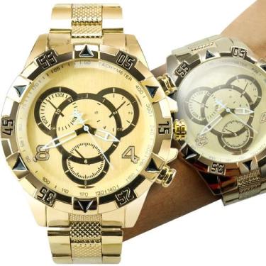 Imagem de Relogio masculino dourado aço inoxidavel banhado prova dagua grande ga