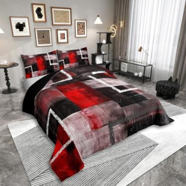 Imagem de Erosebridal Conjunto de cama King com estampa geométrica abstrata vermelha, pintura a óleo, arte a óleo, para crianças, adolescentes, adultos, vermelho, cinza, preto, moderno, geométrico, abstrato