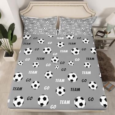 Imagem de Feelyou Jogo de lençol solteiro de futebol infantil, com estampa de bola de futebol, cinza, tema esportivo, bolso profundo