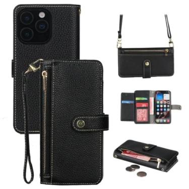 Imagem de Carteira com zíper, capa transversal para celular para iPhone 17 Pro Max, 16e, 16, 15, 14, 13 e 12, com alça de pulso, alça de ombro e suporte para celular, preta.
