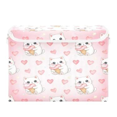 Imagem de STAYTOP Gatinho fofo no dia dos namorados caixas de armazenamento com tampas e alça de transporte, caixas de armazenamento dobráveis organizadores de recipientes para casa, quarto, armário, escritório
