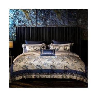 Imagem de Conjunto de 4 peças de algodão egípcio jacquard de cetim luxuoso conjunto de cama estilo palácio europeu conjunto de capa de edredom de seda conjunto de fronhas de lençol plano (king size 220 x 240 cm