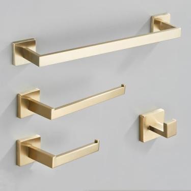 Imagem de Conjunto de acessórios de hardware de banheiro preto toalheiro de parede de aço inoxidável trilho de barra de toalha, suporte de papel e gancho cabide de banheiro dourado, escova dourada 4 peças