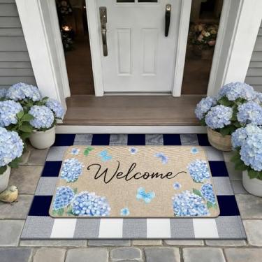 Imagem de Lyrow 2 peças de capacho floral de hortênsia de primavera e tapete de porta xadrez de búfalo, antiderrapante, para ambientes internos e externos, decoração de boas-vindas para casa, casa, entrada