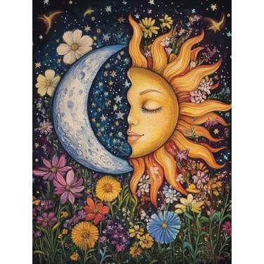 Imagem de Kits de arte de diamante de sol e lua para adultos, kits de pintura de diamantes 5D de flores para adultos iniciantes, faça você mesmo broca redonda completa pintura de pontos de diamante kits de arte