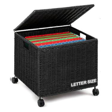 Imagem de Cinnvoice Grande caixa de arquivo decorativa de algas marinhas organizador de arquivos de vime para carta e tamanho ofício, cesta de arquivo suspensa com tampa, pasta de documentos, gabinete doméstico