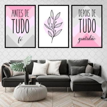 Imagem de Kit 3 Quadros Fé Gratidão Rosa Cinza Folha 45X34 Vidro Preta