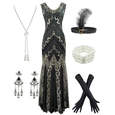 Imagem de YENMILL Vestido Longo Gatsby De Lantejoulas Da Década 1920, Estilo Sereia, Para Baile Formatura, Com Bainha E Acessórios (P, E, Preto Dourado)