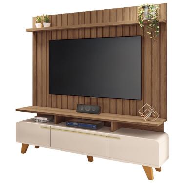 Imagem de Rack Para Sala Émile com Painel Para TV Ripado 70 Pol Conect B01 Off White Castanho - Lyam Decor