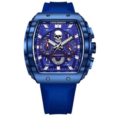 Imagem de Relógio De Quartzo Impermeável Masculino Caveira Esportivo Casual Tonneau Azul