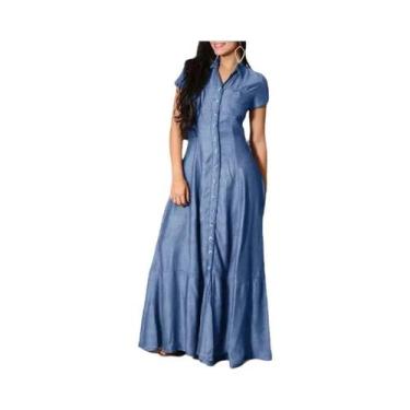 Imagem de Vestido Longo Jeans Casual Elegante 2023 Com Bolso No Pescoço E Abotoa
