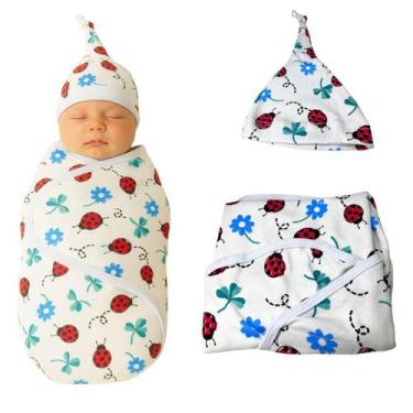 Imagem de Cueiro Swaddle Algodão Ajuste Auto-colante Touca Joaninha - Minha Estr