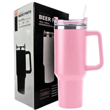 Imagem de Copo Térmico Cor Rosa Claro Grande 1200 Ml Canudo Parede Dupla