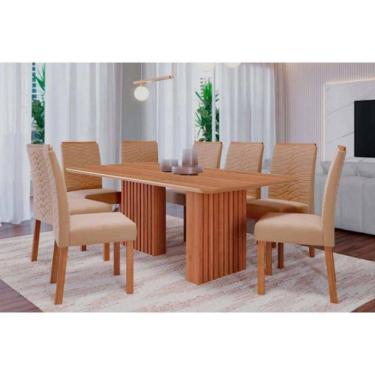 Imagem de Conjunto: Mesa Sala Jantar Ester Tampo Madeirado 210x100cm E 8 Cadeiras Clarice Cinamomo - Carvalho-linho Bege - Cimol