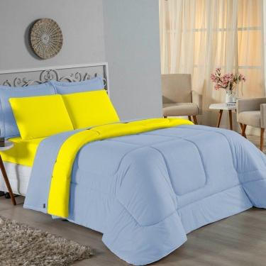Imagem de Kit Edredom Dupla Face + Jogo De Lençol Casal Nobre 6 Peças Malha 100% Algodão - Azul-bebê / Amarelo