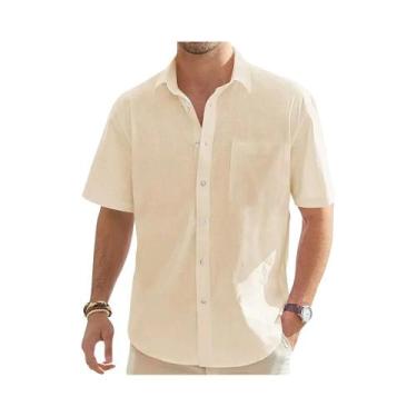 Imagem de Camisa Masculina De Verão Em Algodão E Linho De Cor Sólida, Manga Curt