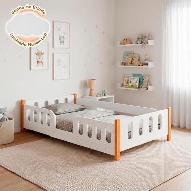 Imagem de Cama Infantil Montessoriana Melissa Branca com Grade e Luminária Led