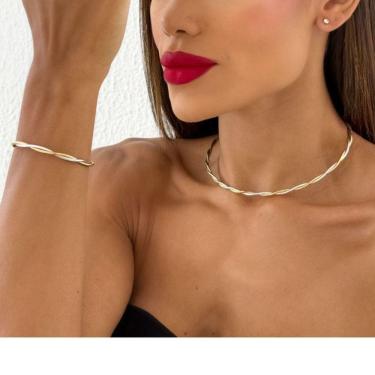 Imagem de Conjunto Choker Aro e Brinco Folheado a Ouro 18k Mix Banho Torcido