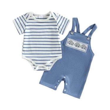 Imagem de Conjunto De Macacão Listrado E Shorts Para Bebê Menino Com Bordado De 