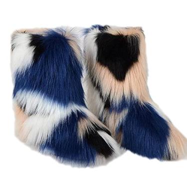 Imagem de TangDao Botas coloridas de pele sintética para mulheres, felpudo, felpudo, bico redondo, camurça, inverno, confortável, pelúcia, quente, curto, botas de neve, botas de cano médio para