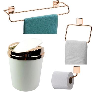 Imagem de Kit 4 Peças Banheiro Lixeira + Papeleira + Toalheiro Duplo + Argola Rosé Gold - Future