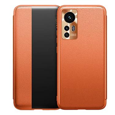 Imagem de Capa para Xiaomi 12/12Pro, capa de telefone flip fina magnética proteção contra quedas capa protetora à prova de choque com função de visualização de janela e proteção de câmera, laranja, 12 16 cm