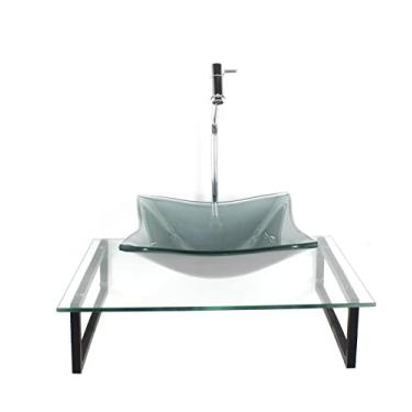 Imagem de KIT CUBA DE VIDRO QUADRADA 10MM PRATA COM TAMPO 50CM INCOLOR E SUPORTE PRETO