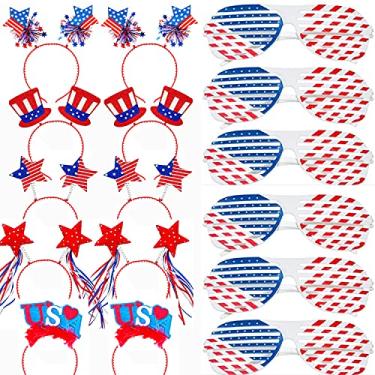 Imagem de Conjunto de óculos bandeira americana bandana de 4 de julho, faixa de cabeça patriótica boppers para o dia dos veteranos evento patriótico da equipe festa patriótica 4 de julho