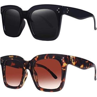 Imagem de TAOTAOQI Óculos de sol vintage femininos grandes designer luxo quadrado óculos de sol proteção UV400 lente plana, (Pacote com 2) Lente cinza armação preta + armação de tartaruga lente marrom
