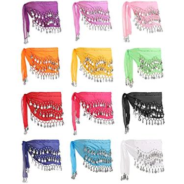 Imagem de Zhanmai Saia para dança do ventre 12 peças, saia para quadril 12 cores, corrente de cintura, cinto com moedas douradas (cores frescas)