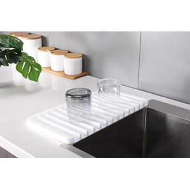 Imagem de Tapete de secagem de silicone 2 em 1 com autodrenagem e triturador da Modern Joe's. Tapete de silicone premium para economia de espaço para louça e vidro. Feito de grau alimentício, lavadora de pratos segura e resistente ao calor, Branco, 1