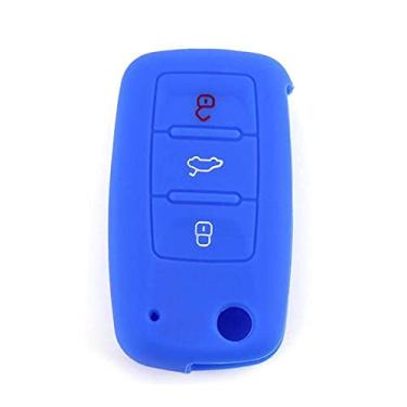 Imagem de YJADHU Capa de silicone para chave de carro capa protetora para chave com controle remoto 3 botões, apto para VW POLO Golf Jetta Tiguan Passat Bora Skoda Fabia, azul