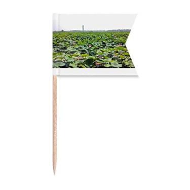Imagem de Um presente Art Deco da Lotus Pond bandeiras de palito de dente modernas marcadoras para bolo de festa, prato de queijo