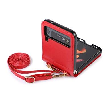 Imagem de Capa de telefone transversal simples para Samsung Galaxy Z Flip 4 3 5G compartimento para cartões de crédito capa traseira de couro com cordão, vermelho, para Galaxy Z Flip3 5G
