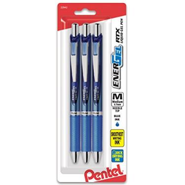 Imagem de Pentel Caneta de gel líquido retrátil EnerGel Deluxe RTX (0,7 mm), ponta de agulha, tinta azul, pacote com 3 (BLN77BP3C)