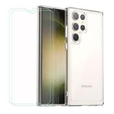 Imagem de FZYM Capa para Samsung Galaxy S23 Ultra + 2 pacotes de película protetora de tela de vidro temperado, capa de proteção de silicone TPU gel macio transparente fina para Samsung Galaxy