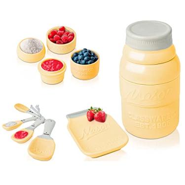 Imagem de Comfify Conjunto de utensílios de cozinha Mason Jar – Conjunto de decoração de cerâmica de várias peças com 4 copos medidores, 4 colheres de medição, descanso de colher e estilo vintage atraente