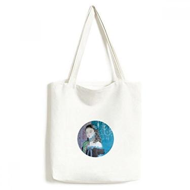Imagem de Bolsa de lona azul clássica menina estilo chinês aquarela bolsa de compras bolsa casual bolsa de compras