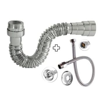 Imagem de Sifão Sanfonado Pia Flexível Extensível Universal Cromado + Flexivel Trançado Inox 40 cm