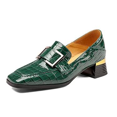 Imagem de TinaCus Sapato feminino casual de couro envernizado com bico quadrado feito à mão com fivela e salto baixo grosso, Verde, 9.5