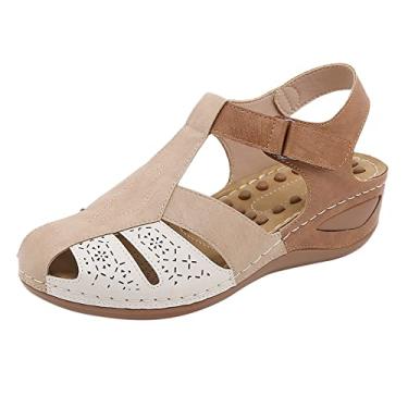 Imagem de Sandálias femininas confortáveis com recorte e velcro para o verão, sandálias de plataforma de bico fechado de verão, Marrom, 8