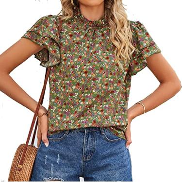Imagem de Camisetas femininas casuais com estampa floral, blusas de gola redonda blusas camisas manga curta verão, E, P (busto: 97 cm)