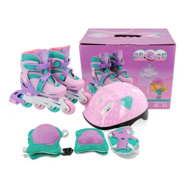 Imagem de Patins 4 rodas Inline Triline Multiuso Ajustável Uni Toys Rosa com kit proteção