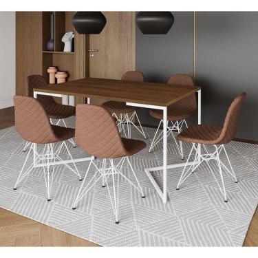 Imagem de Mesa Industrial Retangular Amêndoa Base V 137x90cm 6 Cadeiras Estofadas Eames Caramelo Aço Branco